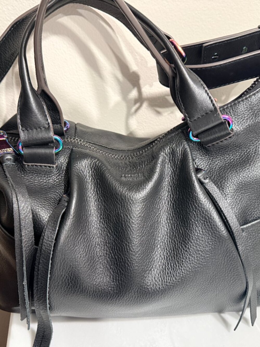 Convertible Slouchy Pebbled Black Leather Satchel Shoulder Bag Iridescent - Picture 2 of 13